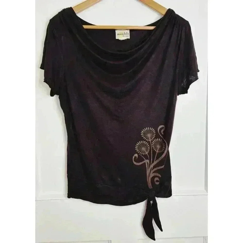 Mandala Designs Cap Sleeve, Cowl Neckline Shirt with Flower Design Size M
